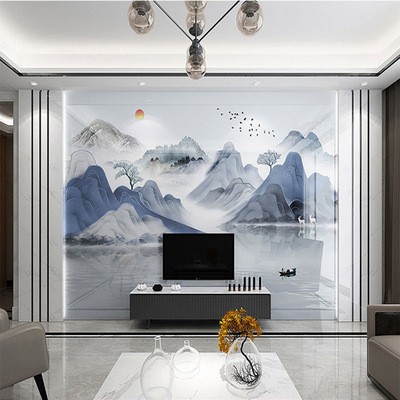 新中式岩板电视背景墙瓷砖微晶石现代客厅大理石材边框造型影视墙图4