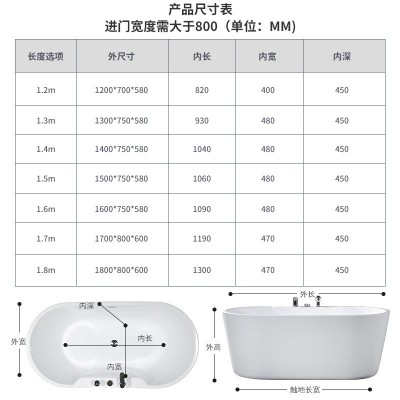 现代简约独立式亚克力浴缸家用成人无缝一体浴缸民宿酒店网红浴盆图2