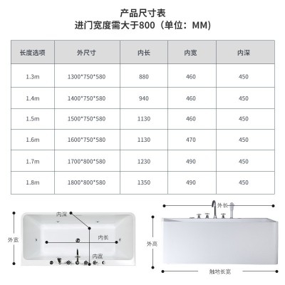 长方形按摩冲浪浴缸亚克力恒温家用洗澡盆酒店民宿独立式双人浴盆图3